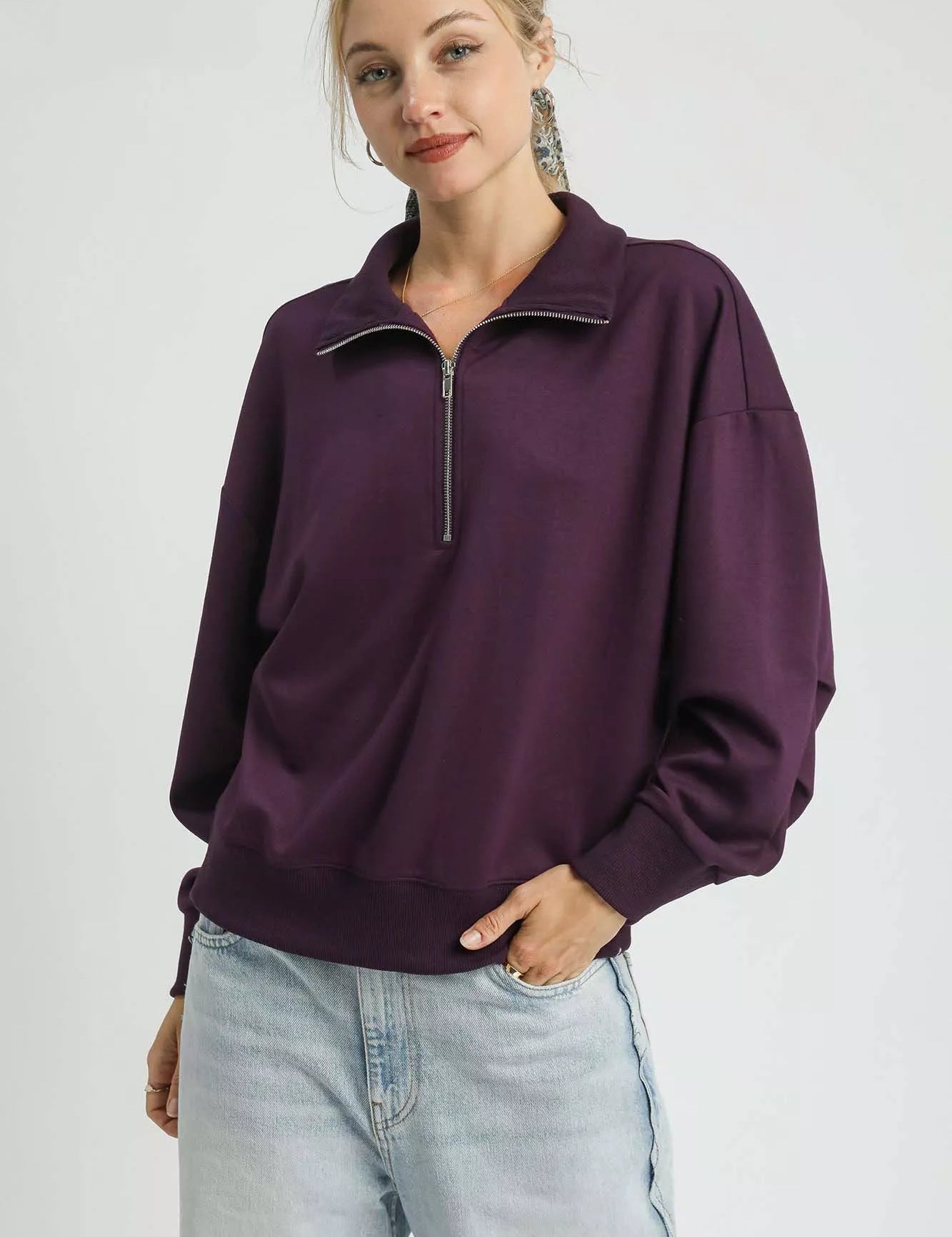 PLUM-UMG Umgee Half Zip Drop Shoulder Sweatshirt | Sweatshirts Daverri Fashions