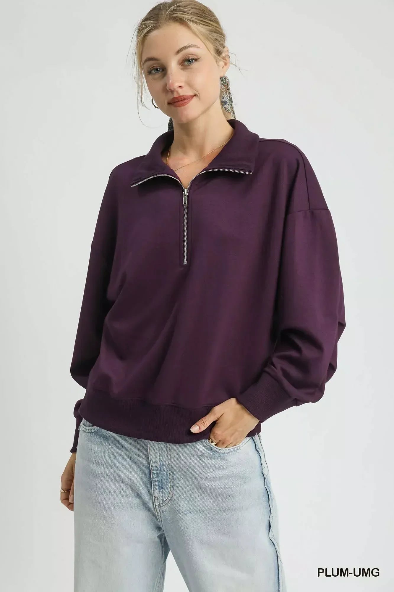 Umgee Half Zip Drop Shoulder Sweatshirt - DAVERRI FASHIONS