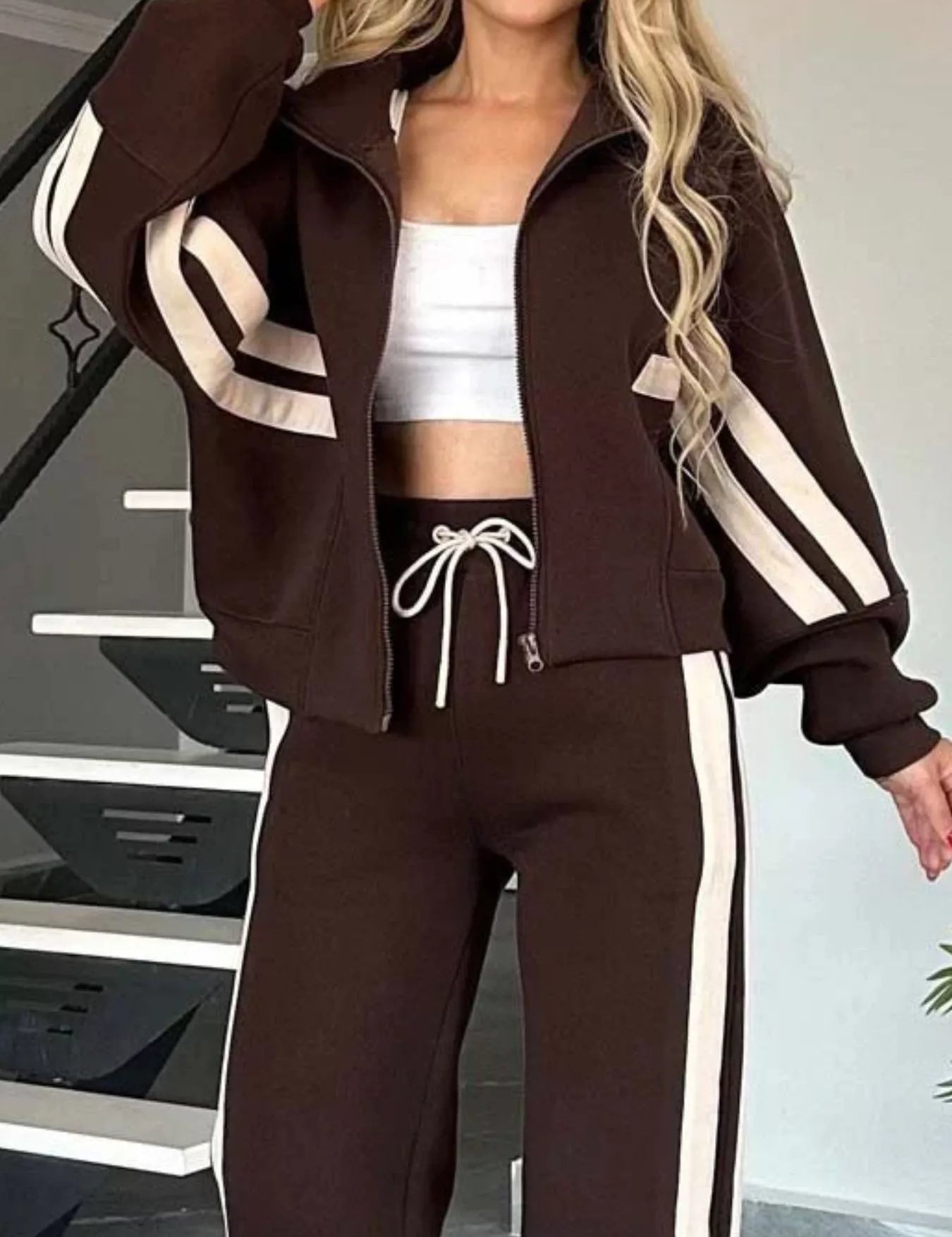 Full Size Contrast Stripe Zip Up Jacket and Pants Set Plus Size | Loungewear Sets Daverri Fashions