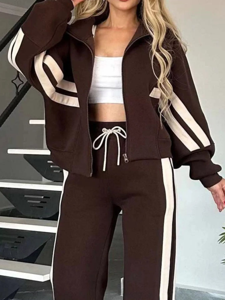 Full Size Contrast Stripe Zip Up Jacket and Pants Set Plus Size | Loungewear Sets Daverri Fashions