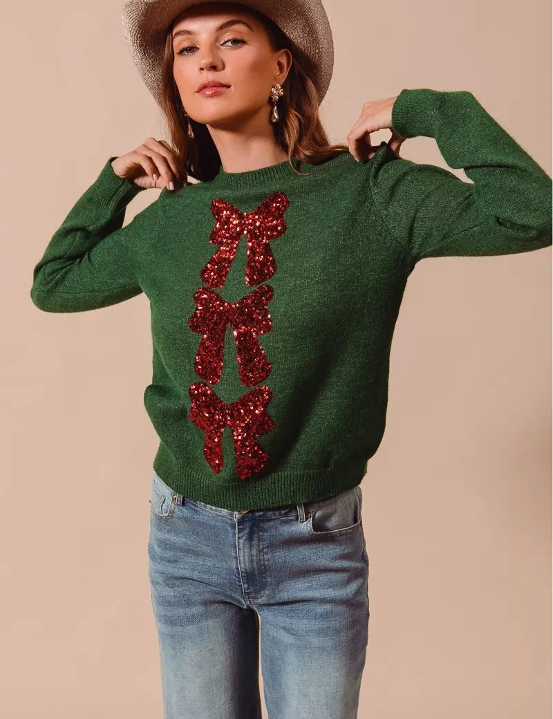 HUNTER RED SO ME Sequins Bow Ribbon Embellished Christmas Sweater | Sweaters Daverri Fashions