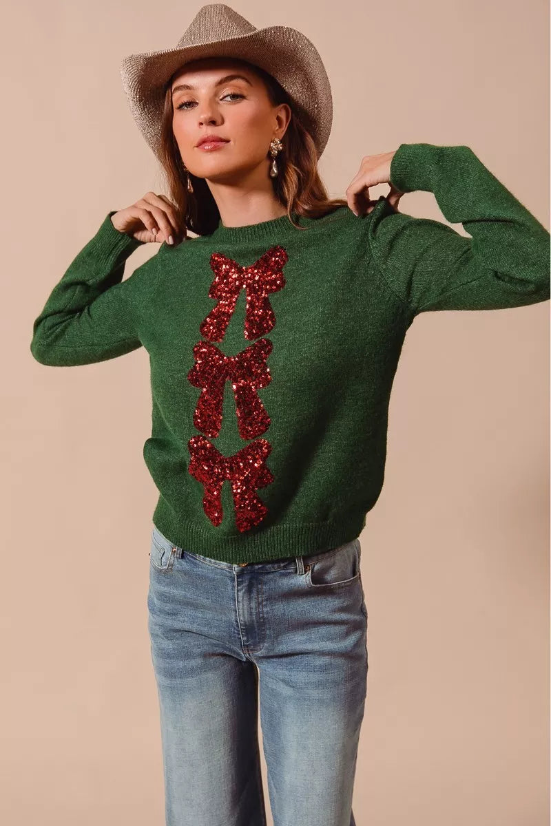 HUNTER RED SO ME Sequins Bow Ribbon Embellished Christmas Sweater | Sweaters Daverri Fashions