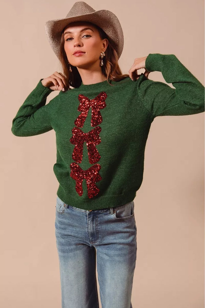 HUNTER RED SO ME Sequins Bow Ribbon Embellished Christmas Sweater | Sweaters Daverri Fashions