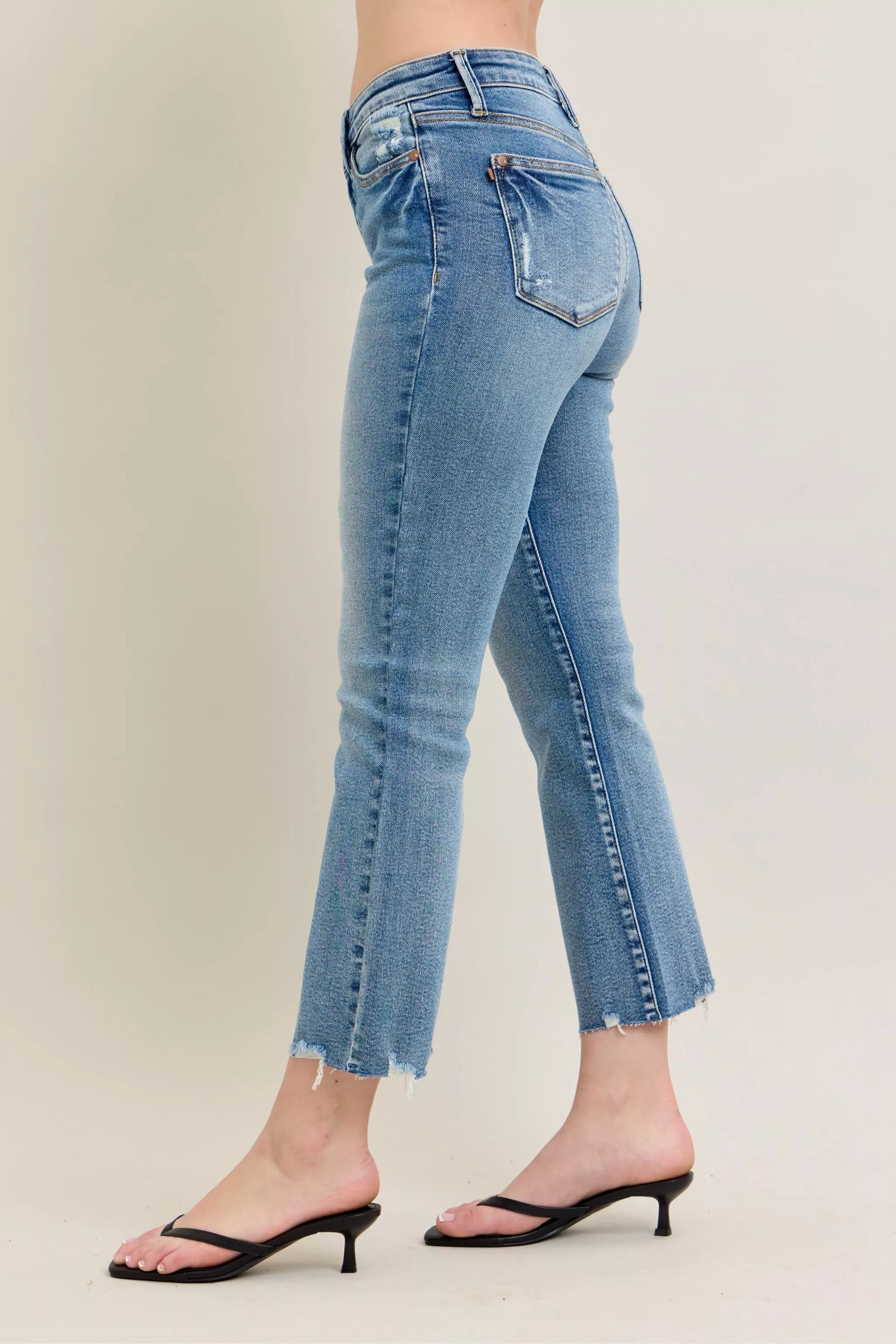 Judy Blue Mr Vintage Wash Destroy Hem Kick Flare Jeans in light-wash denim with distressed finish and frayed hems