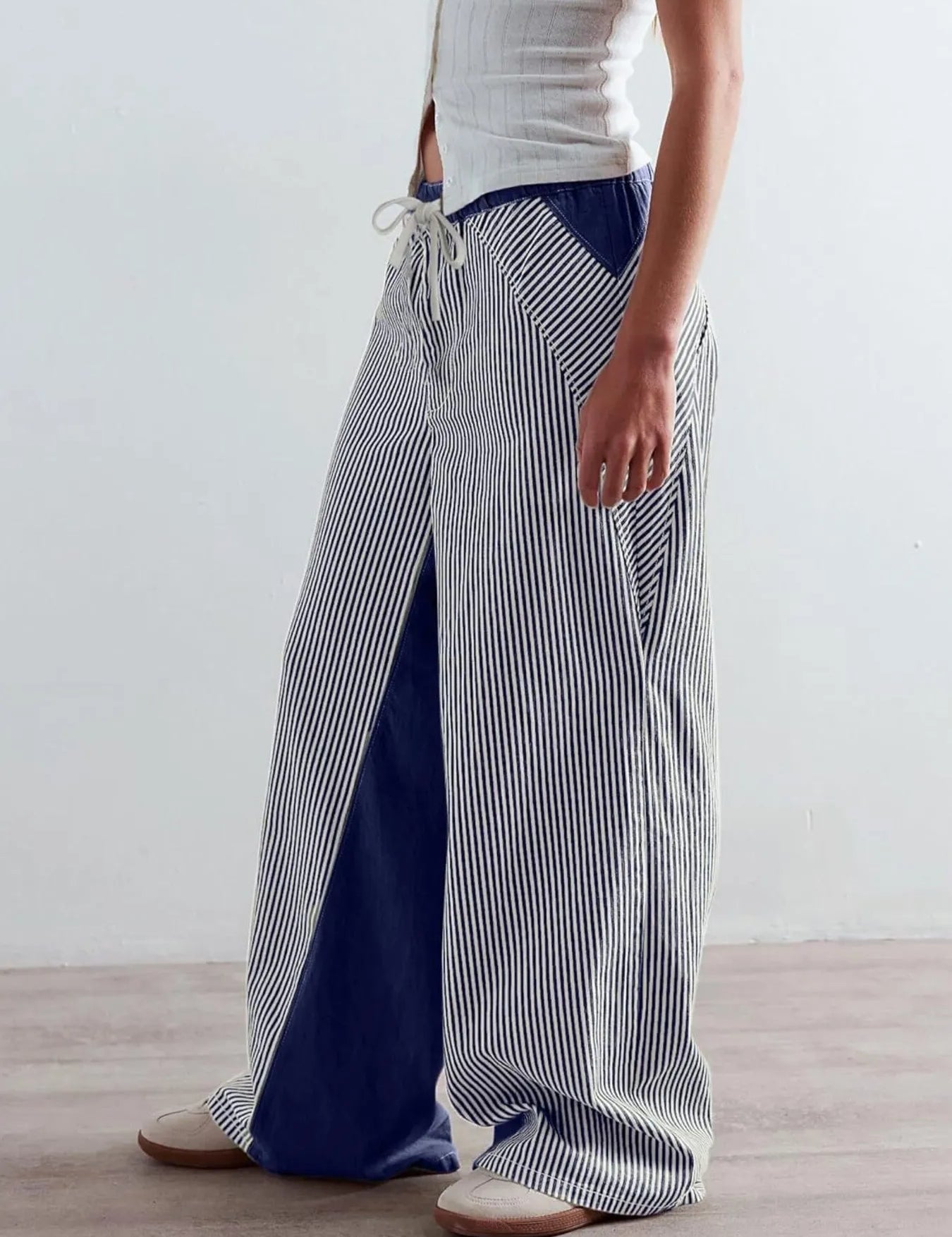 Navy Blue Striped Wide Leg Jeans | Pants Daverri Fashions