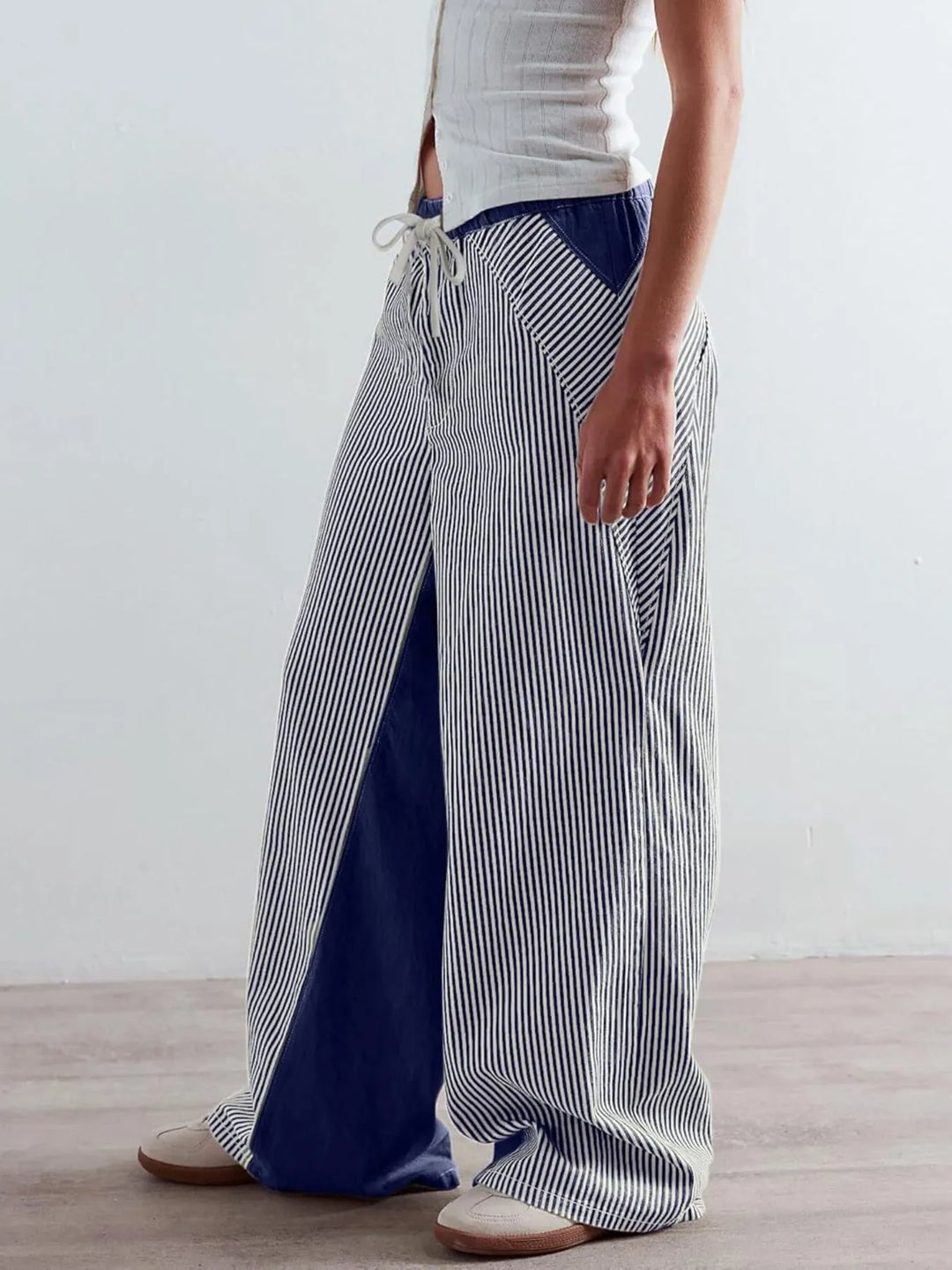 Navy Blue Striped Wide Leg Jeans | Pants Daverri Fashions