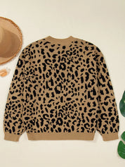 Ribbed Trim Round Neck Leopard Drop Shoulder Sweater | Sweaters Daverri Fashions