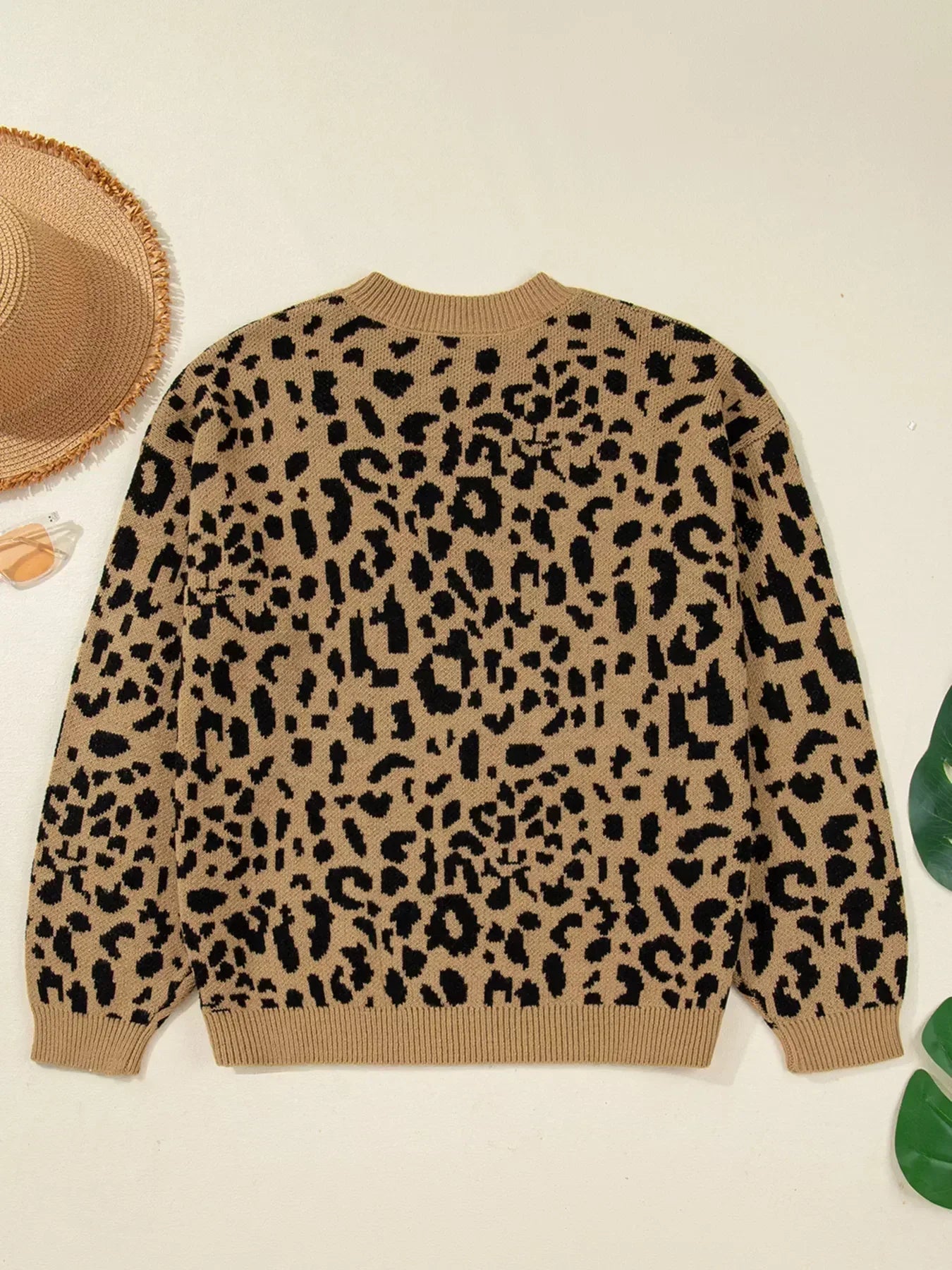 Ribbed Trim Round Neck Leopard Drop Shoulder Sweater - DAVERRI FASHIONS