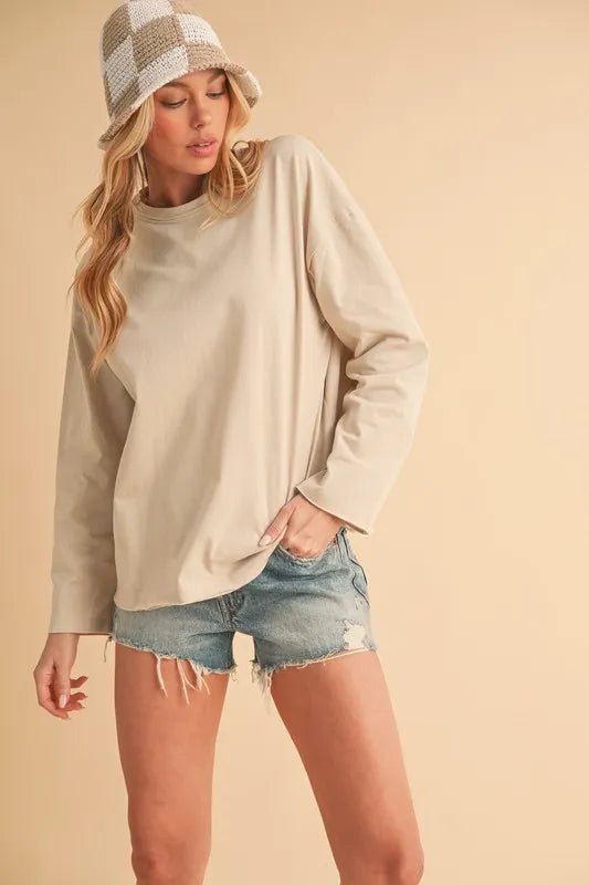Aemi+Co Round Neck Long Sleeve Top SAND