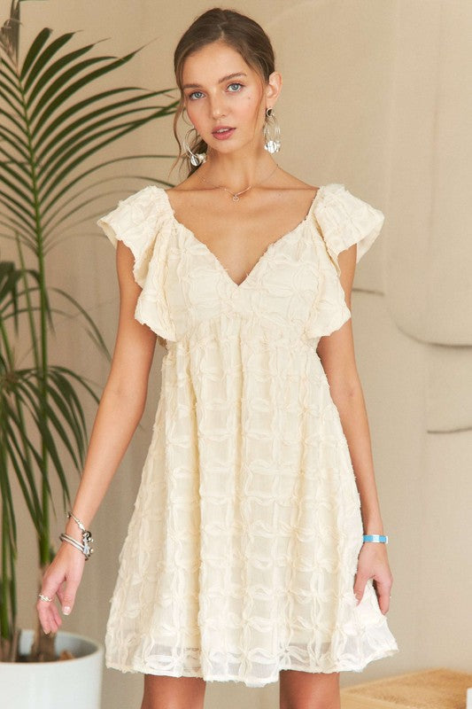 ADORA Tie Back V-Neck Ruffle Sleeve Dress Ivory