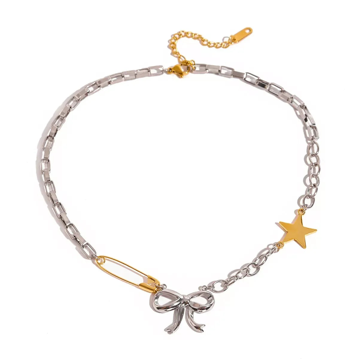 Two-Tone Stainless Steel Bow Star Necklace - DAVERRI FASHIONS