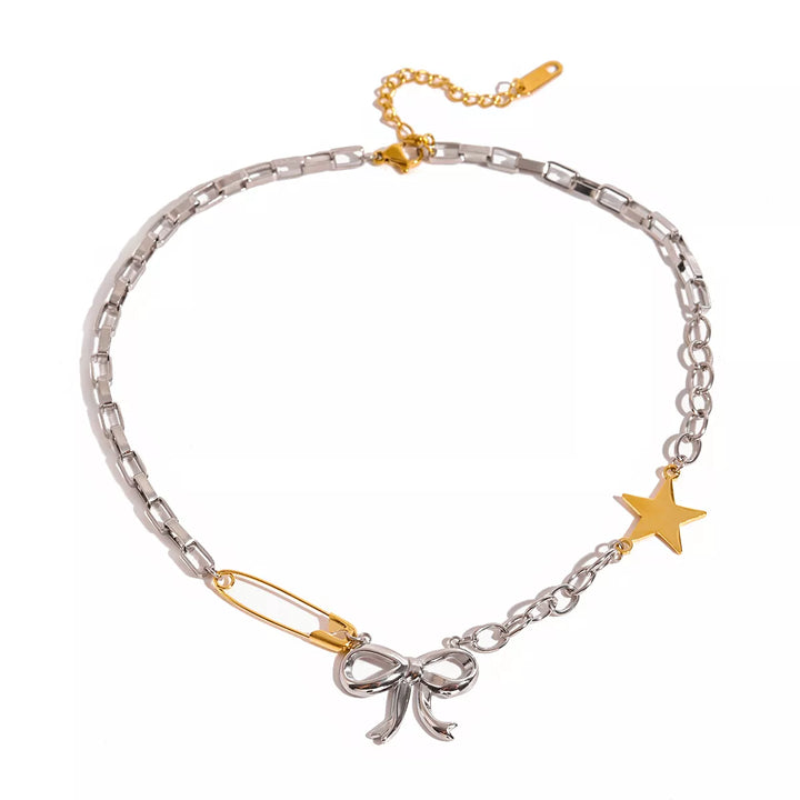 Two-Tone Stainless Steel Bow Star Necklace | Necklaces Daverri Fashions