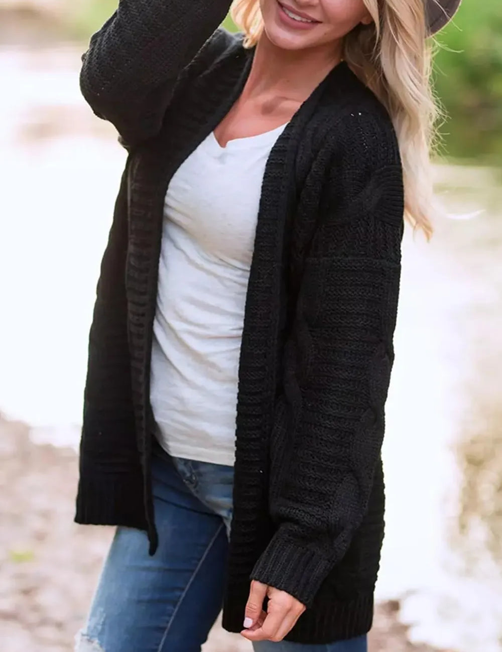 Cable-Knit Open Front Long Sleeve Cardigan | Cardigans Daverri Fashions