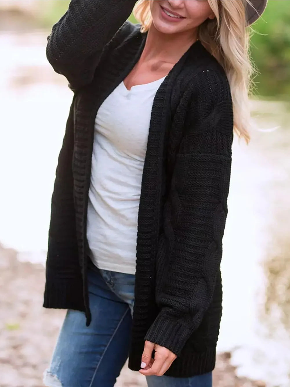 Cable-Knit Open Front Long Sleeve Cardigan | Cardigans Daverri Fashions