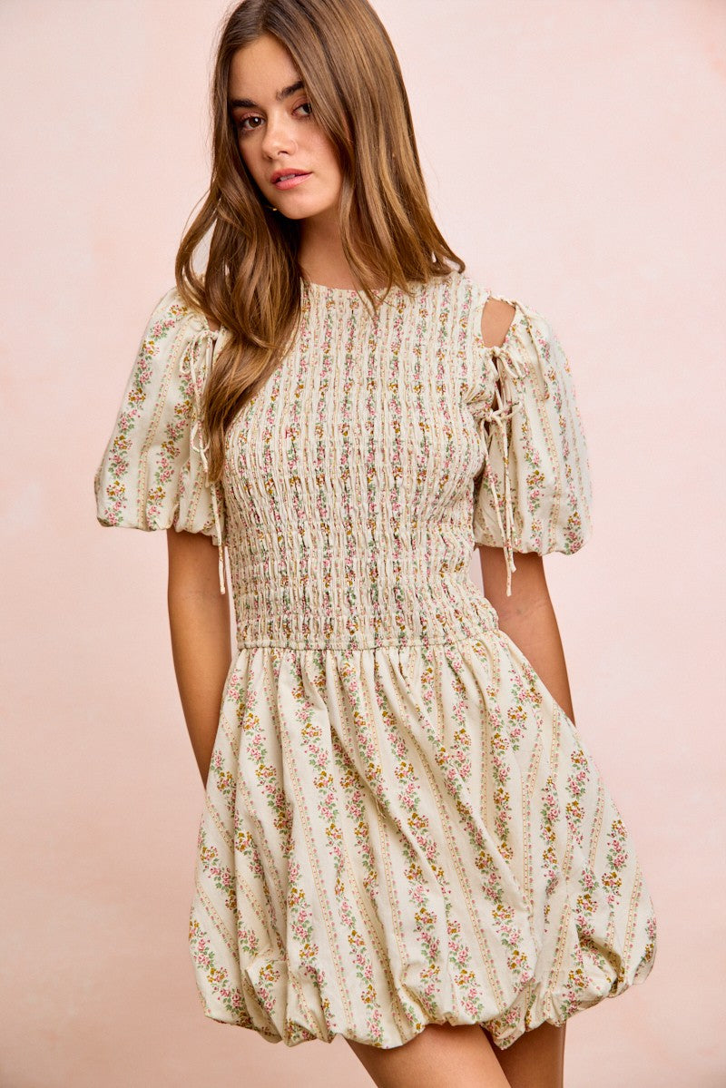 BiBi floral bow tie attachable puff sleeve cream dress with smocked waist