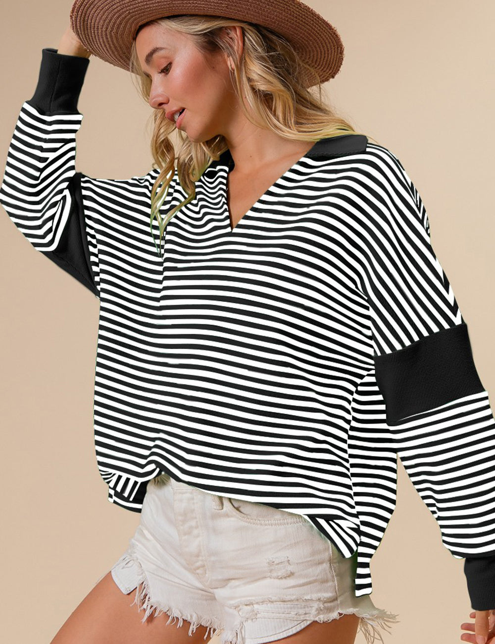 BiBi Striped Contrast Long Sleeve Knit Top Black S Tops