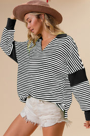 BiBi Striped Contrast Long Sleeve Knit Top Black S Tops