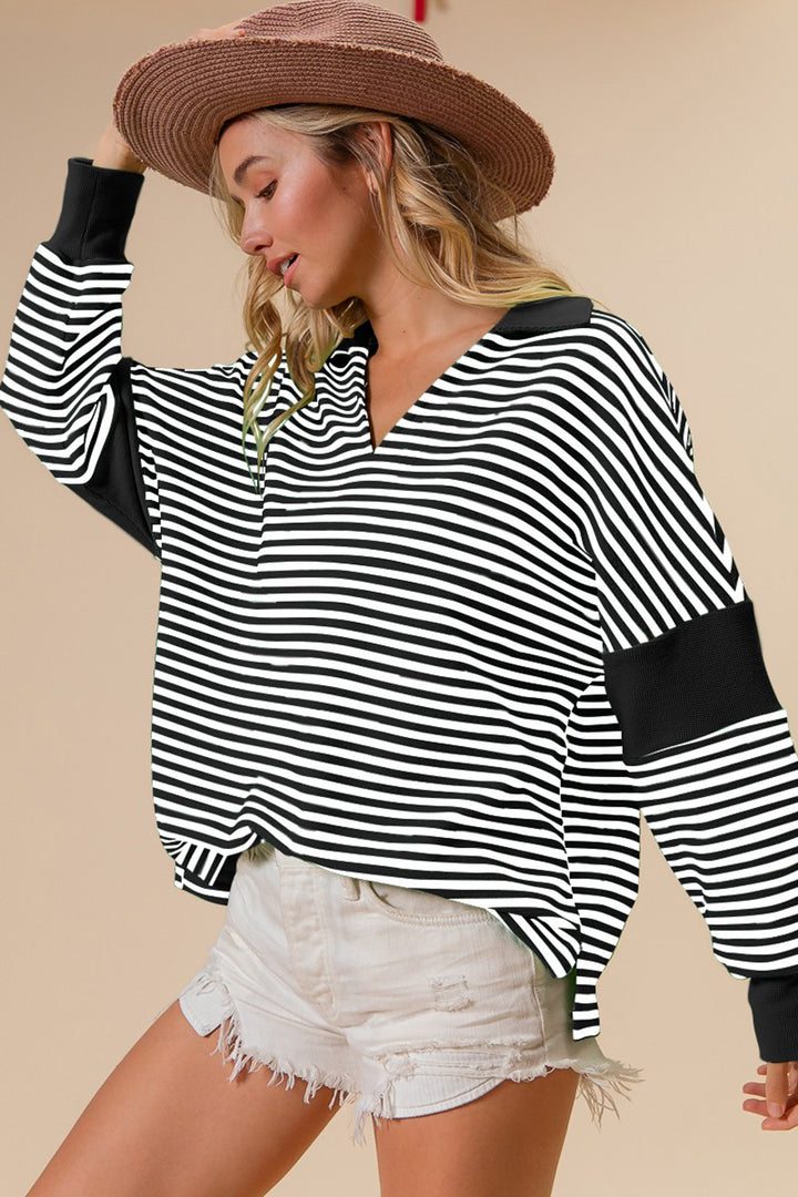 BiBi Striped Contrast Long Sleeve Knit Top Black Tops