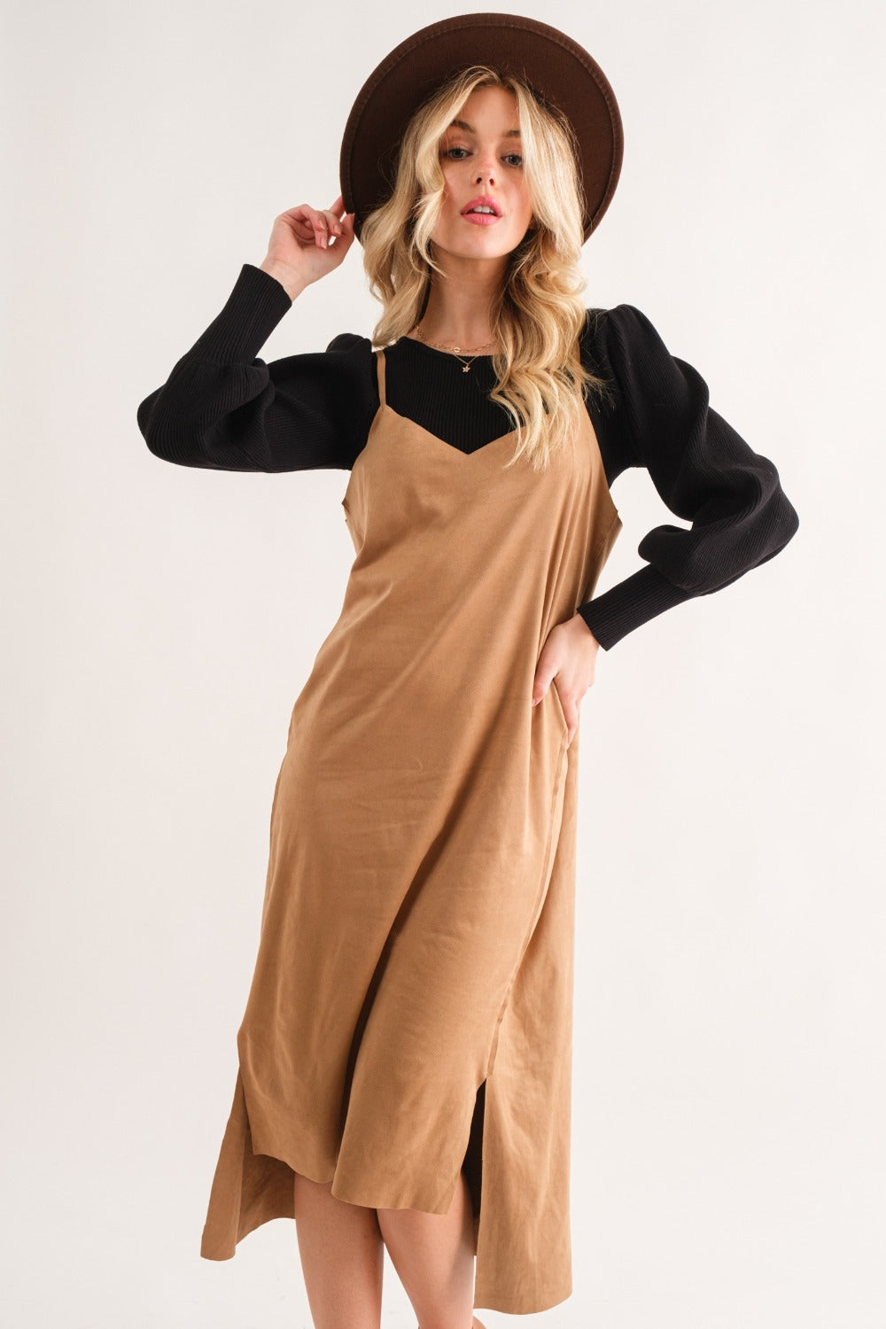 And The Why Faux Suede Cut Edge Slit Cami Midi Dress Khaki