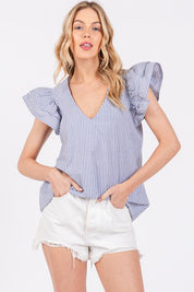 Ces Femme Striped V-Neck Ruffled Cap Sleeve Blouse