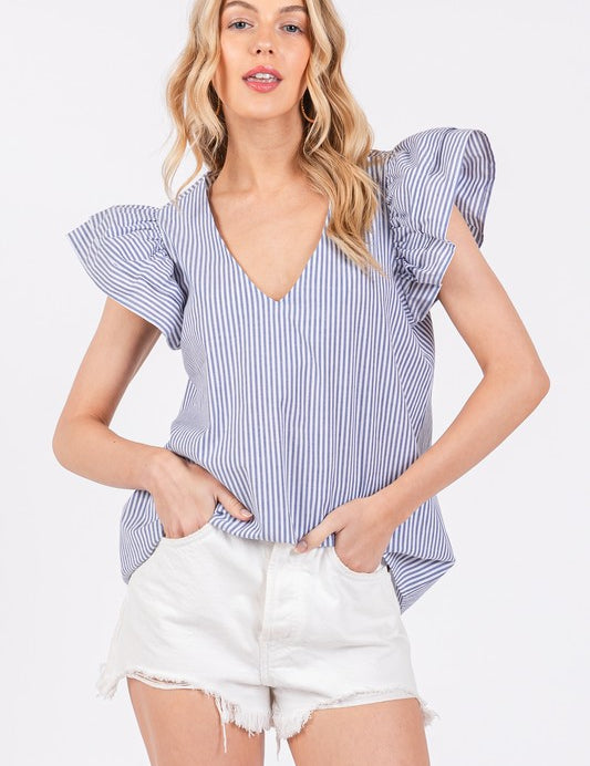 Ces Femme Striped V-Neck Ruffled Cap Sleeve Blouse