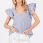 Ces Femme Striped V-Neck Ruffled Cap Sleeve Blouse - DAVERRI FASHIONS
