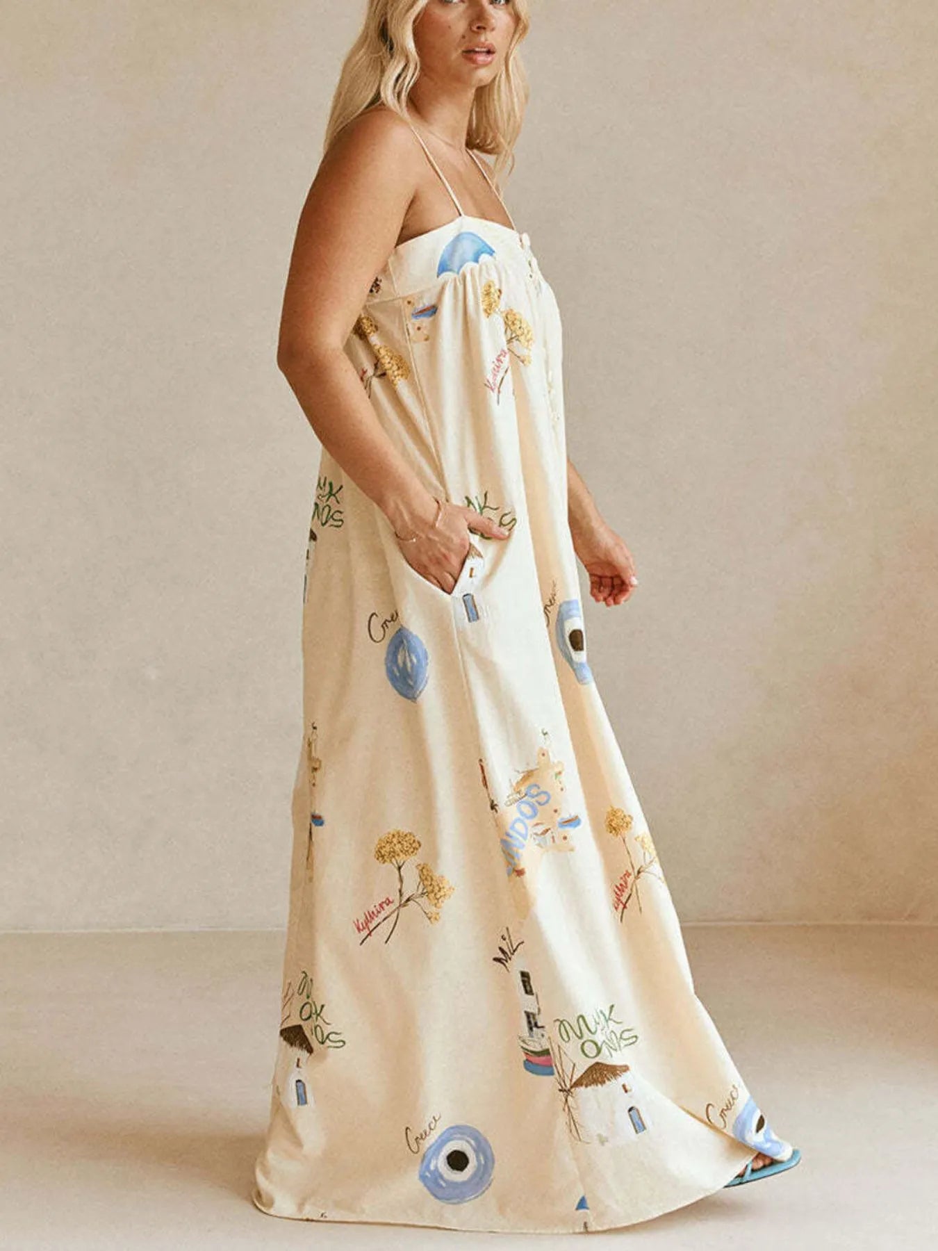 Daverri bohemian print cami maxi dress in cream with blue yellow eyes flowers pattern