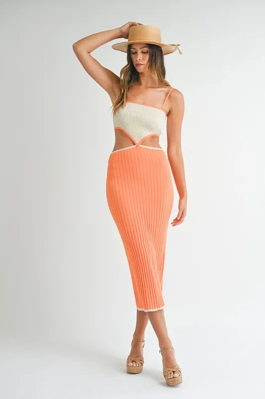 MABLE Ribbed Knit Color Block Cutout Midi Dress