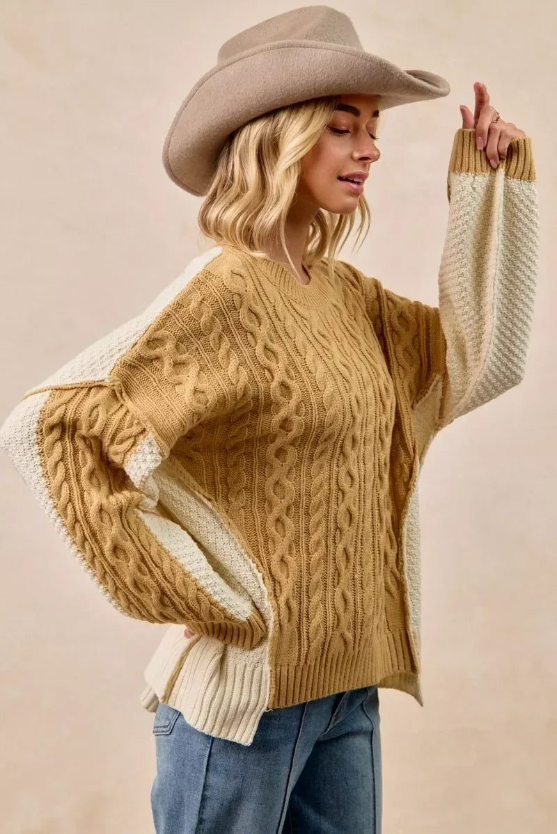 BiBi Cable Knit With Hacci Combo Sweater With Uneven Hem Detail - DAVERRI FASHIONS