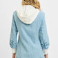 RISEN light blue denim one-button blazer jacket with white hood and cuffs