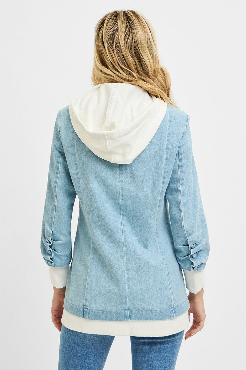 RISEN light blue denim one-button blazer jacket with white hood and cuffs