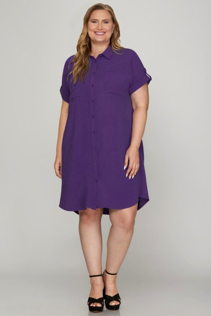 She + Sky Violet Button Down Short Sleeve Woven Shirt Dress Mini Dresses