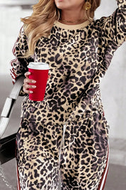 Plus Size Leopard Round Neck Top and Pants Set | Loungewear Sets Daverri Fashions