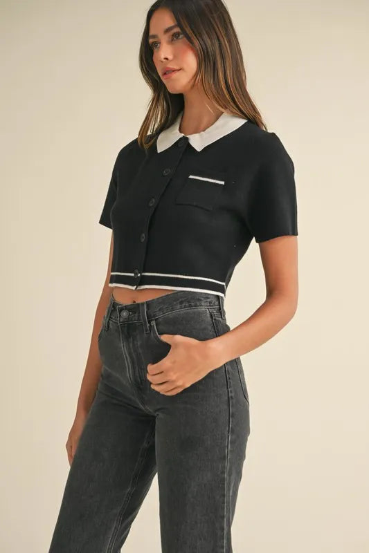 MABLE Button Down Contrast Collared Knit Cardigan