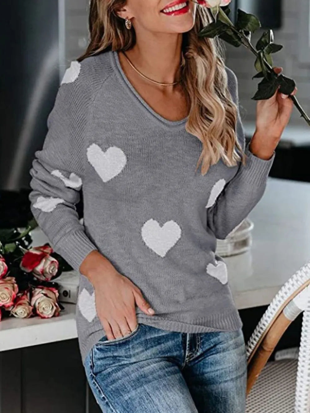Gray knit heart scoop neck long sleeve sweater