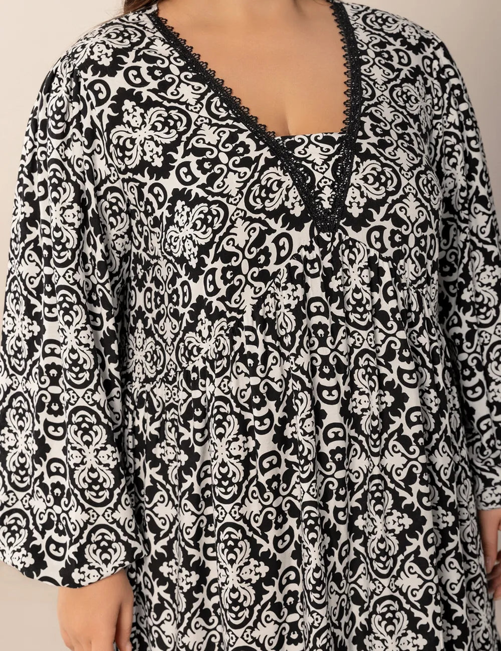 Plus Size Lace Detail Printed Balloon Sleeve Dress | Daverri Fashions