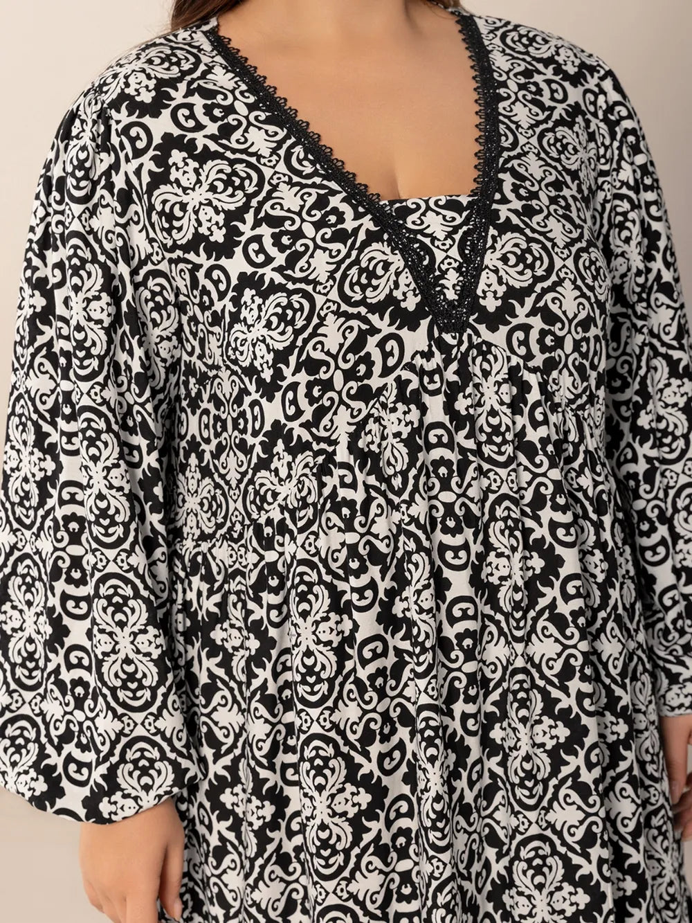 Plus Size Lace Detail Printed Balloon Sleeve Dress | Daverri Fashions