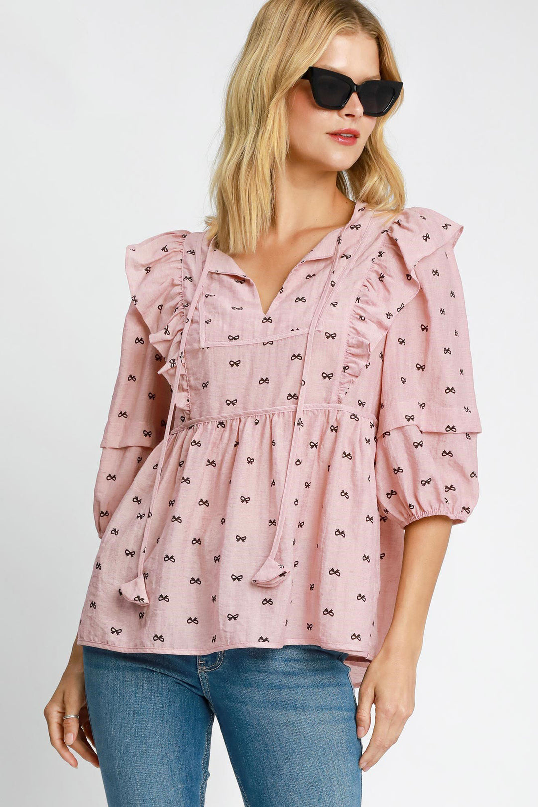 Umgee Full Size Ruffled Bow Print Tie Neck Peplum Blouse Plus Size Blush Pink Blouses