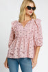 Umgee Full Size Ruffled Bow Print Tie Neck Peplum Blouse Plus Size Blush Pink 1XL Blouses
