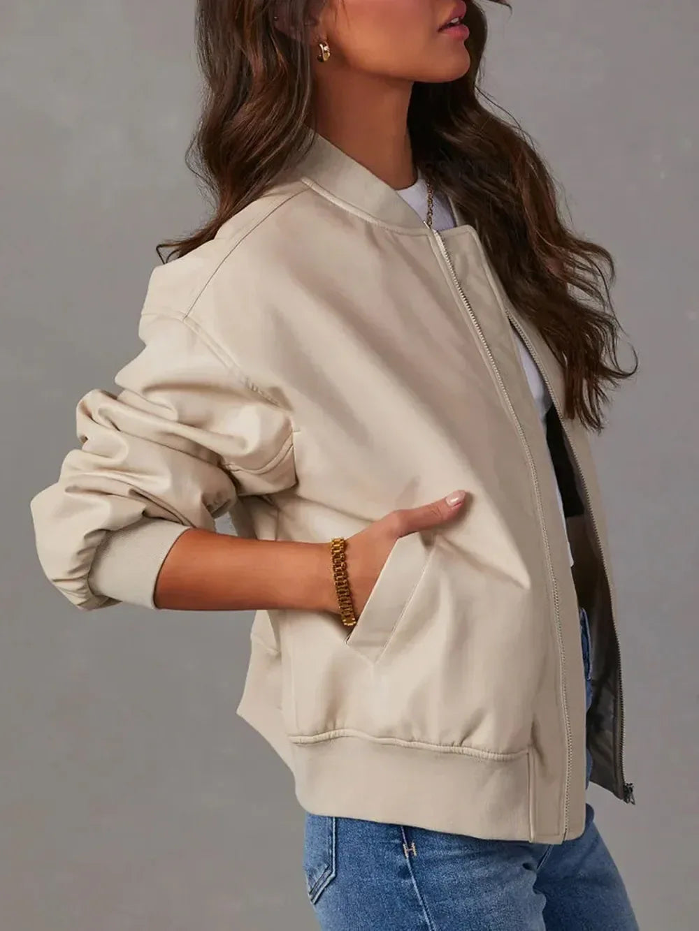 Zip Up Long Sleeve Bomber Jacket - DAVERRI FASHIONS