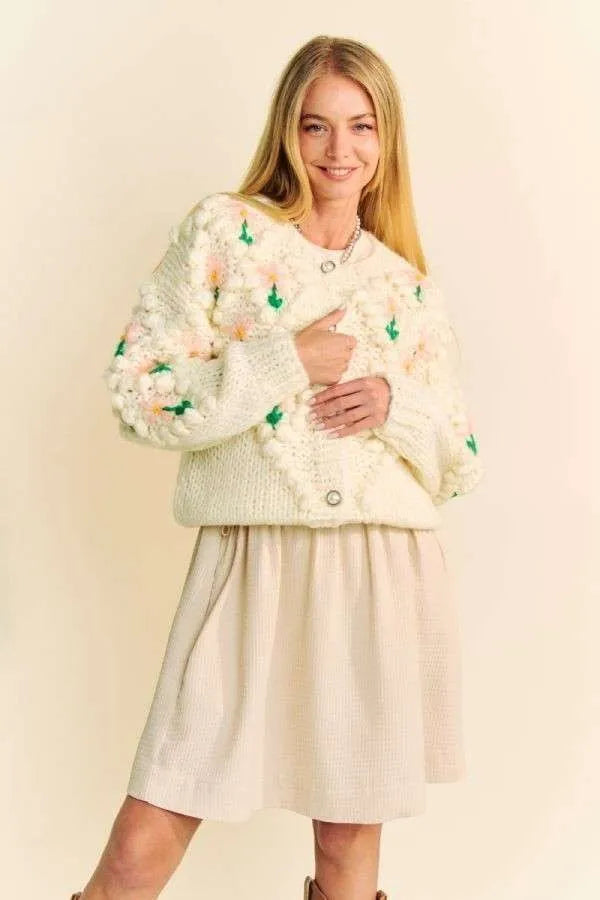 Cream-colored knit Davi & Dani cardigan with cactus embroidery