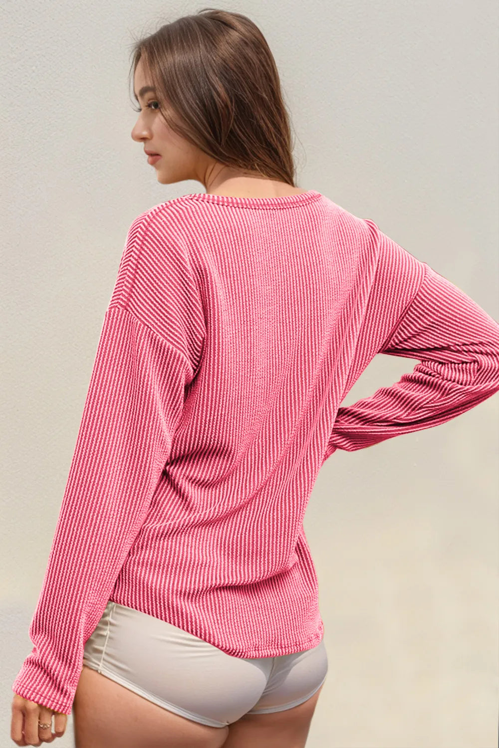 Double Take Striped Notched Long Sleeve T-Shirt | T-Shirts Daverri Fashions