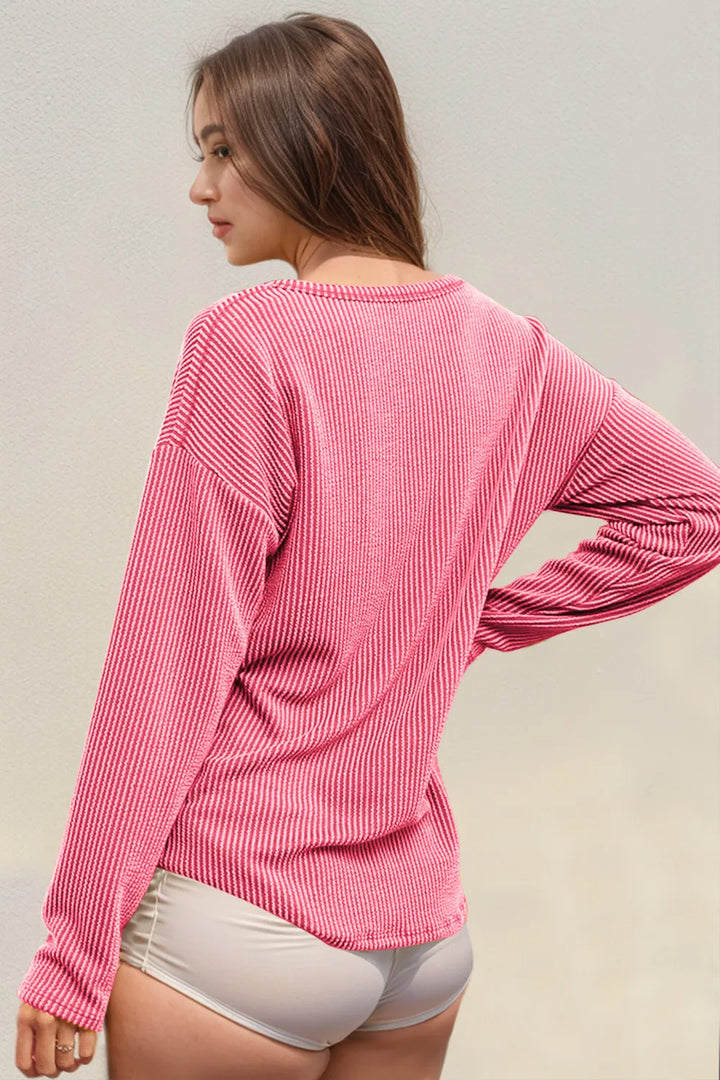 Double Take Striped Notched Long Sleeve T-Shirt | T-Shirts Daverri Fashions