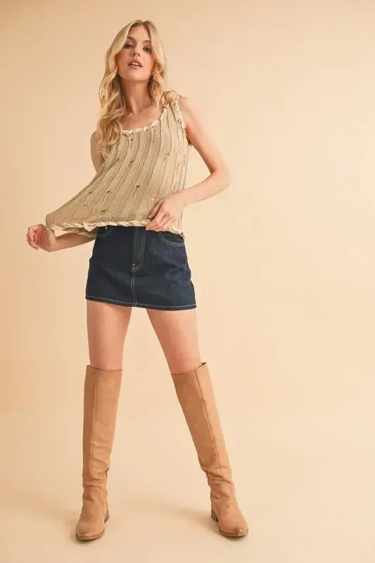 Aemi+Co Distressed Detail Round Neck Knit Tank - DAVERRI FASHIONS