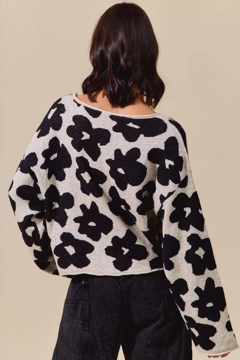 Black and white floral cropped sweater in soft textured knit