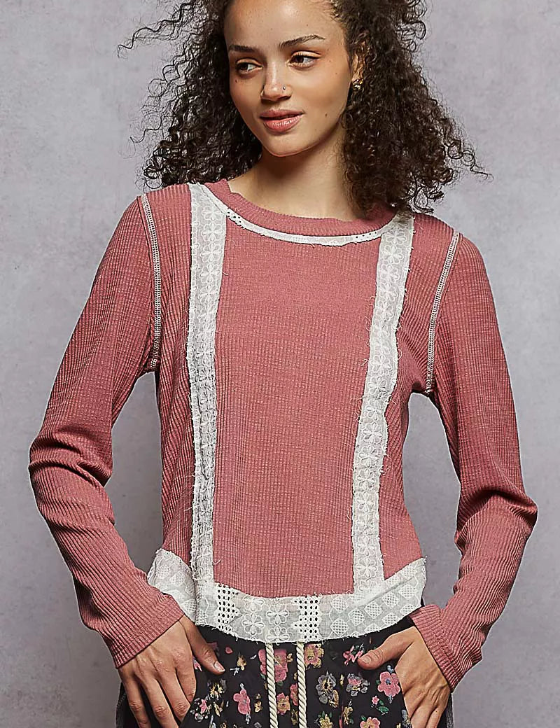 MAUVE PINK POL Contrast Round Neck Long Sleeve Ribbed Top with Eyelet Patch | Knit Tops Daverri Fashions