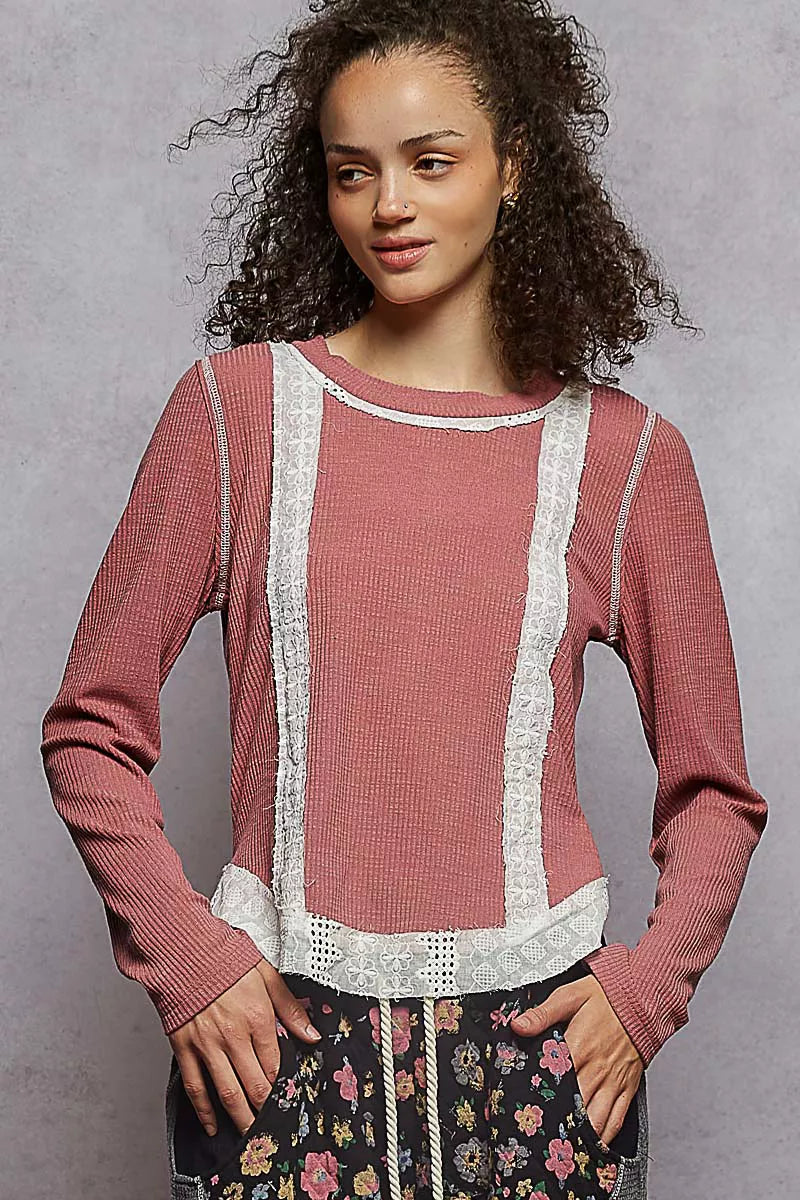 MAUVE PINK POL Contrast Round Neck Long Sleeve Ribbed Top with Eyelet Patch | Knit Tops Daverri Fashions