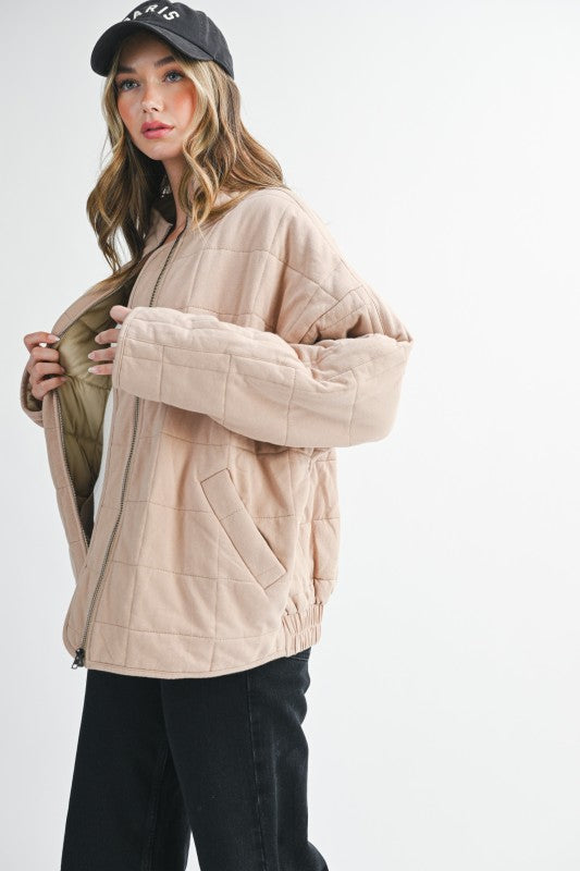 Dixie Jacket: Beige quilted bomber with olive green lining