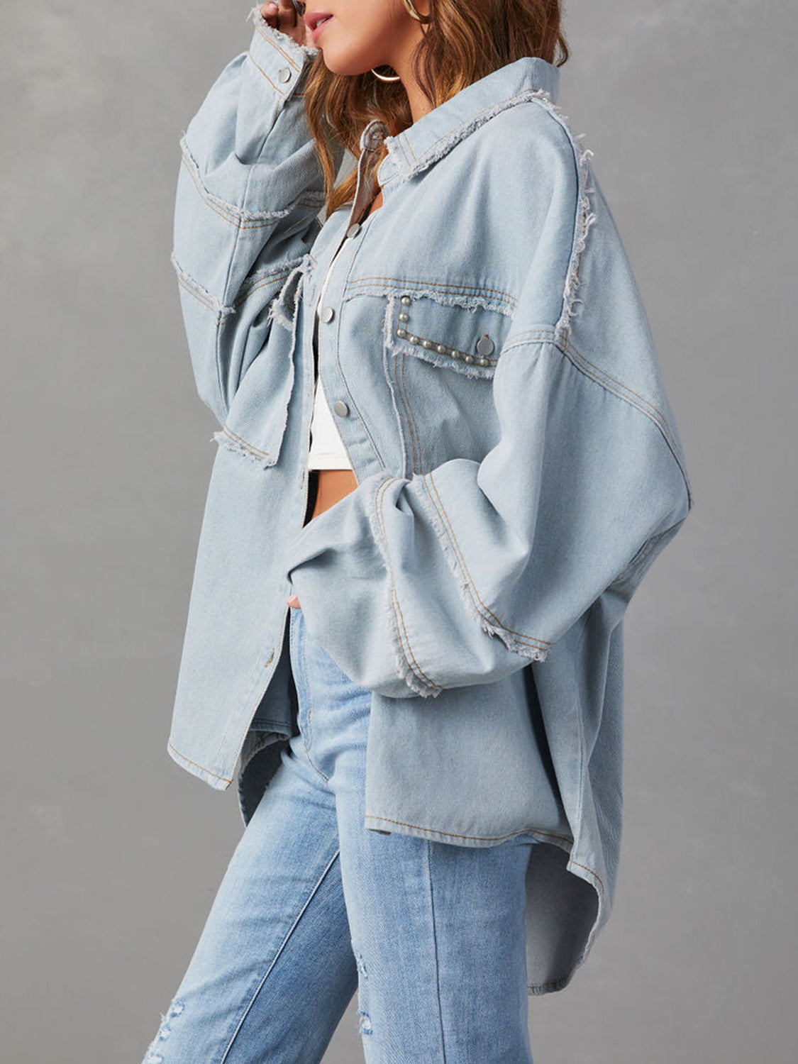 Button Down Raw Hem Denim Jacket | Denim Jackets Daverri Fashions