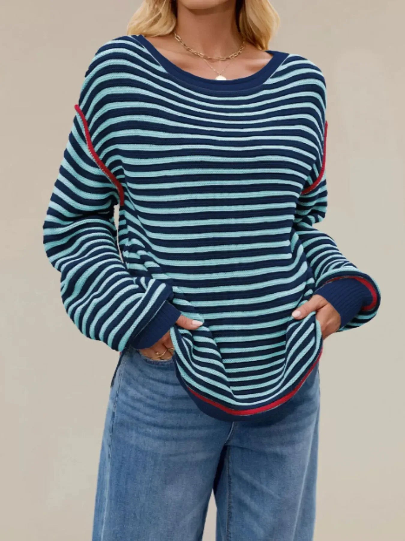 Slit Striped Oversized Sweater - DAVERRI FASHIONS